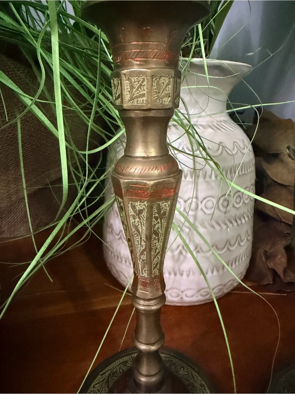 Vintage 1982 Stamped Indian Brass & Enamel Candlesticks – Matching Pair